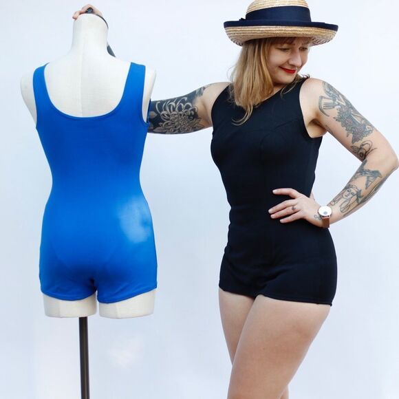 Vintage 60s 70s Retro One Piece Stretch Nylon Swimsuit Pin Up Mod Playsuit Blue - Picture 8 of 16